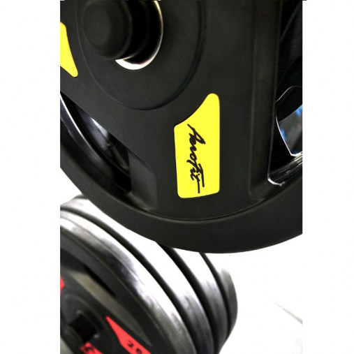 Олимпийский обрезиненный диск AeroFit 20 кг, черно-синий, с 3-мя хватами. Посадочное кольцо из нержавеющей стали, Ø 51,5 мм